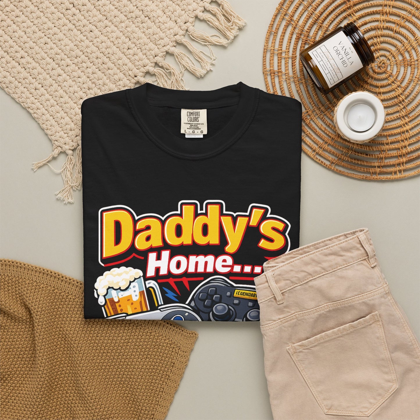 Daddy’s Home Press Start To Relax Shirt | Funny Gamer Dad T-Shirt | Retro Gaming Dad Tee | Cozy Gaming Lifestyle Apparel | Gaming Dads Online