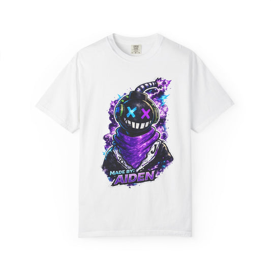 Neon Bomber Character Graphic T-Shirt — Gamer Streetwear Tee "Made by Aiden"