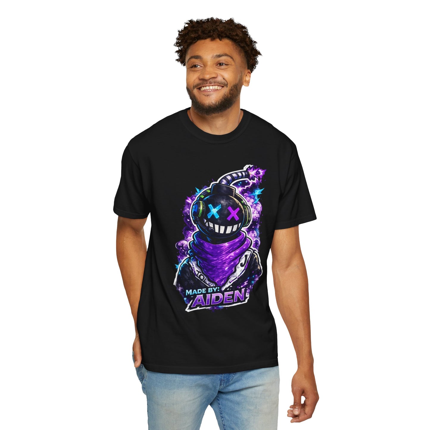 Neon Bomber Character Graphic T-Shirt — Gamer Streetwear Tee "Made by Aiden"