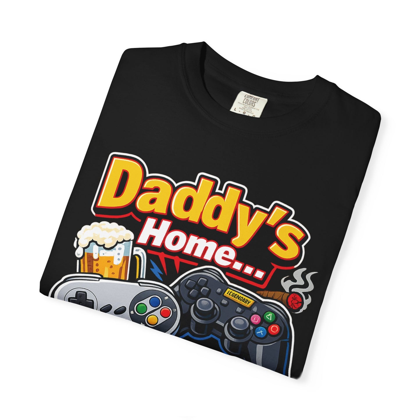 Daddy’s Home Press Start To Relax Shirt | Funny Gamer Dad T-Shirt | Retro Gaming Dad Tee | Cozy Gaming Lifestyle Apparel | Gaming Dads Online