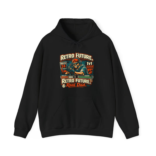Retro Future Real Dad Hoodie | Gamer Dad FPS Hoodie | Retro Arcade Streetwear | Tactical Gaming Dad Sweatshirt | Gaming Dads Online