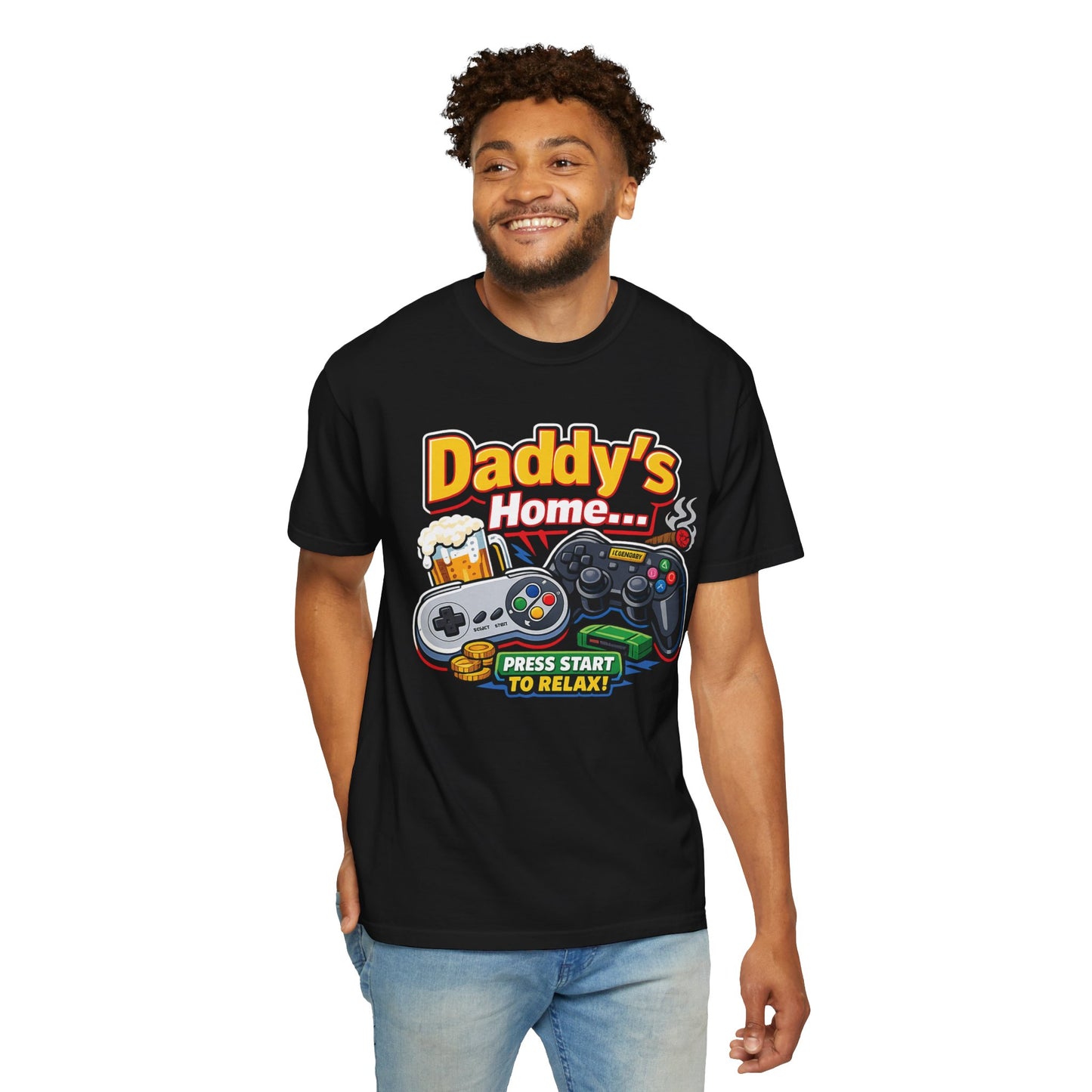 Daddy’s Home Press Start To Relax Shirt | Funny Gamer Dad T-Shirt | Retro Gaming Dad Tee | Cozy Gaming Lifestyle Apparel | Gaming Dads Online