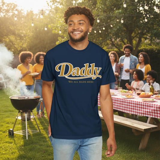 Daddy We All Dads Here Shirt | Gamer Dad Streetwear Tee | Minimal Varsity Dad Shirt | Gaming Dads Online Apparel | Dad Lifestyle Tee