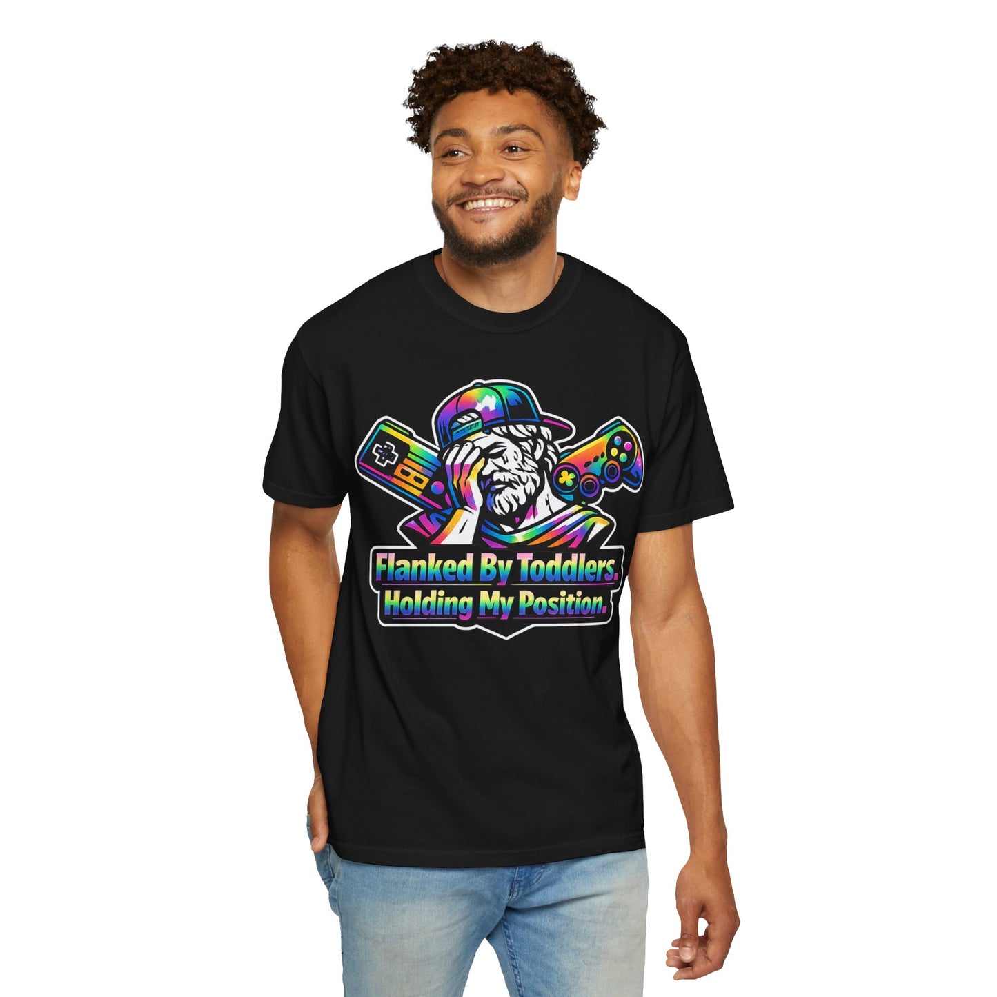 Flanked By Toddlers Holding My Position Shirt | Funny Gamer Dad T-Shirt | Gaming Father Tee | Retro Gaming Streetwear | Gamer Dad Gift
