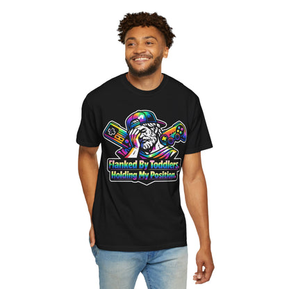 Flanked By Toddlers Holding My Position Shirt | Funny Gamer Dad T-Shirt | Gaming Father Tee | Retro Gaming Streetwear | Gamer Dad Gift