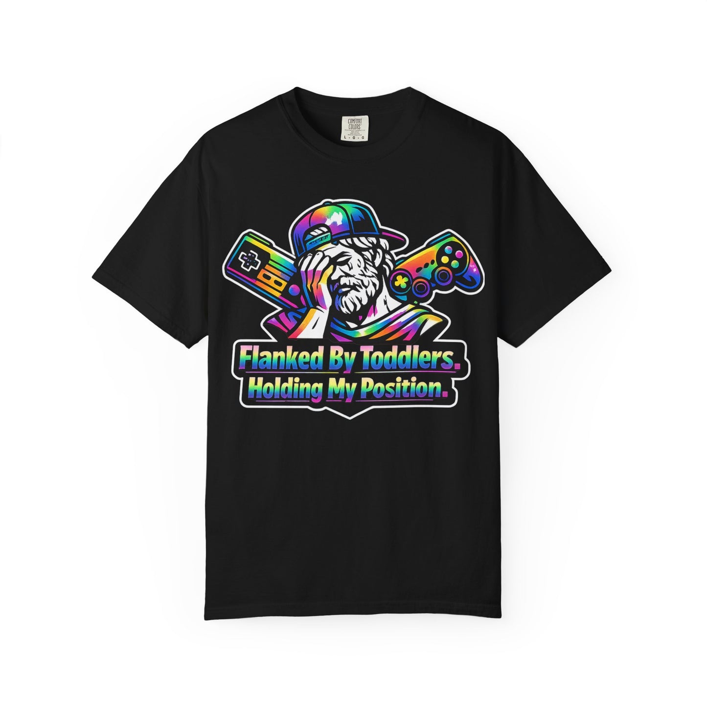 Flanked By Toddlers Holding My Position Shirt | Funny Gamer Dad T-Shirt | Gaming Father Tee | Retro Gaming Streetwear | Gamer Dad Gift