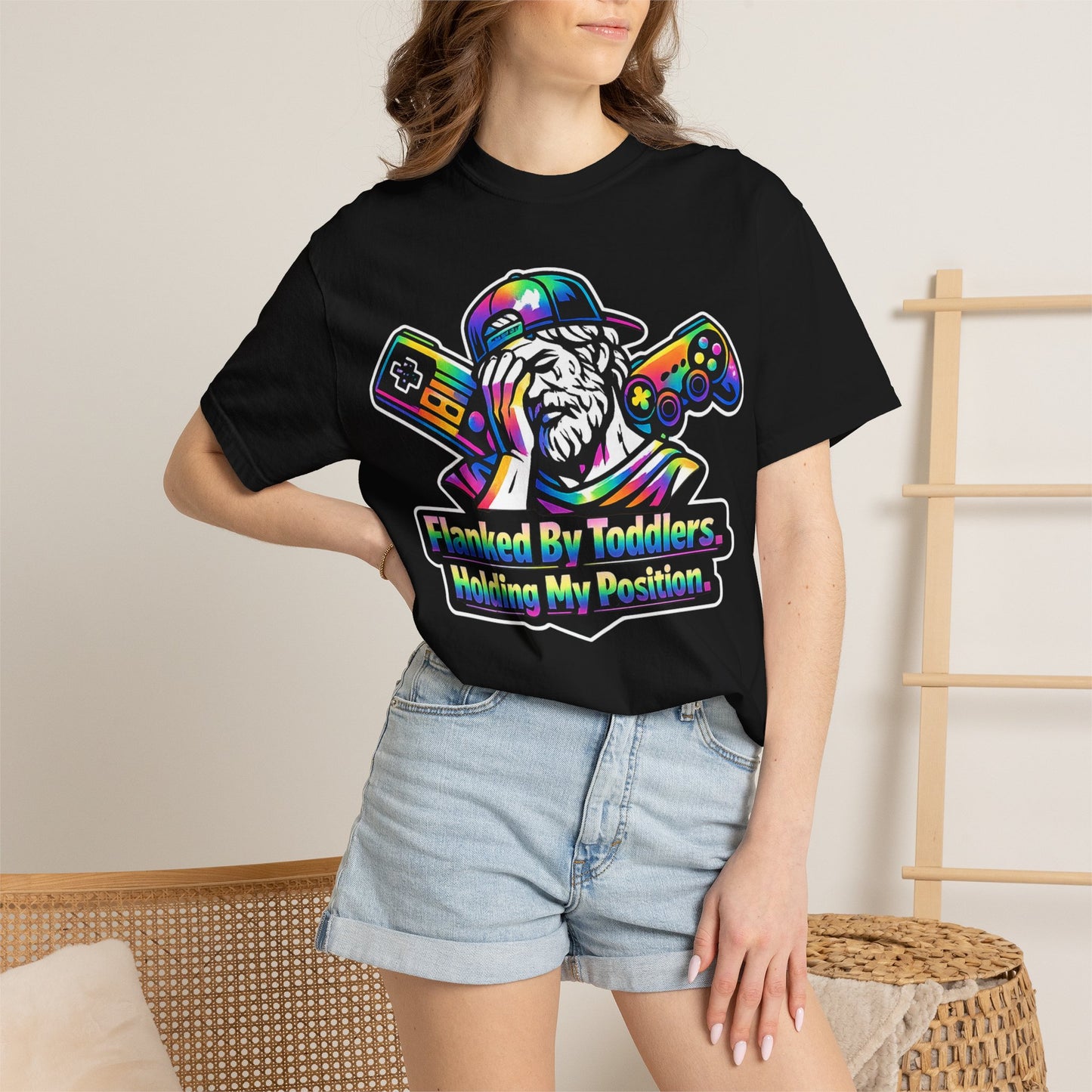 Flanked By Toddlers Holding My Position Shirt | Funny Gamer Dad T-Shirt | Gaming Father Tee | Retro Gaming Streetwear | Gamer Dad Gift