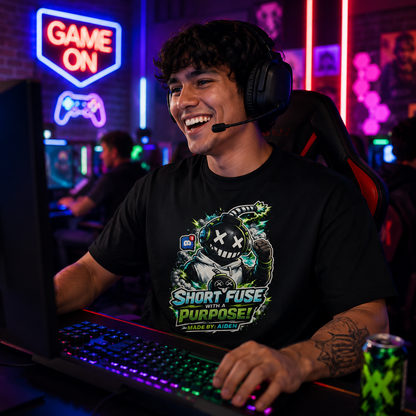 ⚡ SHORT FUSE WITH A PURPOSE ⚡ Graphic T-Shirt — Gamer Streetwear Tee "Made by Aiden"