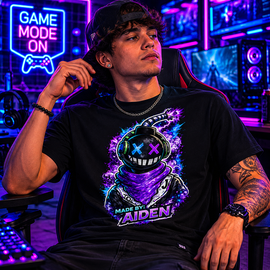 Neon Bomber Character Graphic T-Shirt — Gamer Streetwear Tee "Made by Aiden"