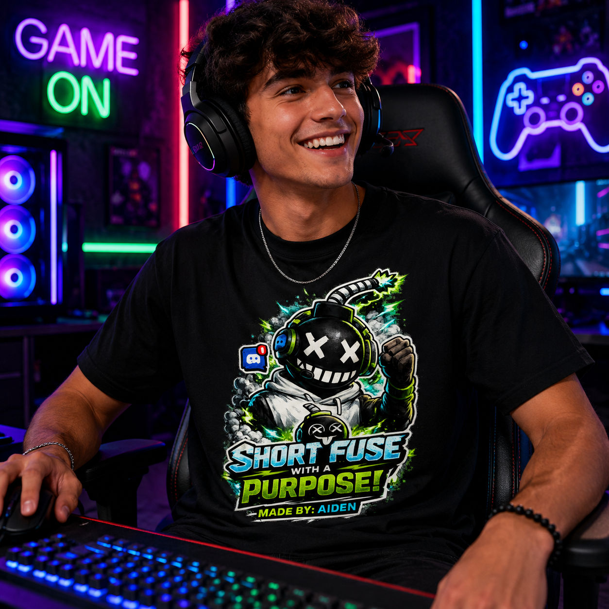 Short Fuse With a Purpose Graphic T-Shirt — Gamer Streetwear Tee "Made by Aiden"