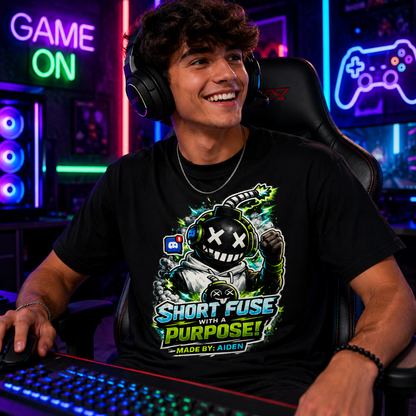 Short Fuse With a Purpose Graphic T-Shirt — Gamer Streetwear Tee "Made by Aiden"
