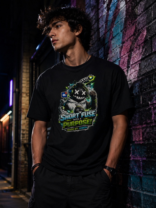 Short Fuse With a Purpose Graphic T-Shirt — Gamer Streetwear Tee "Made by Aiden"