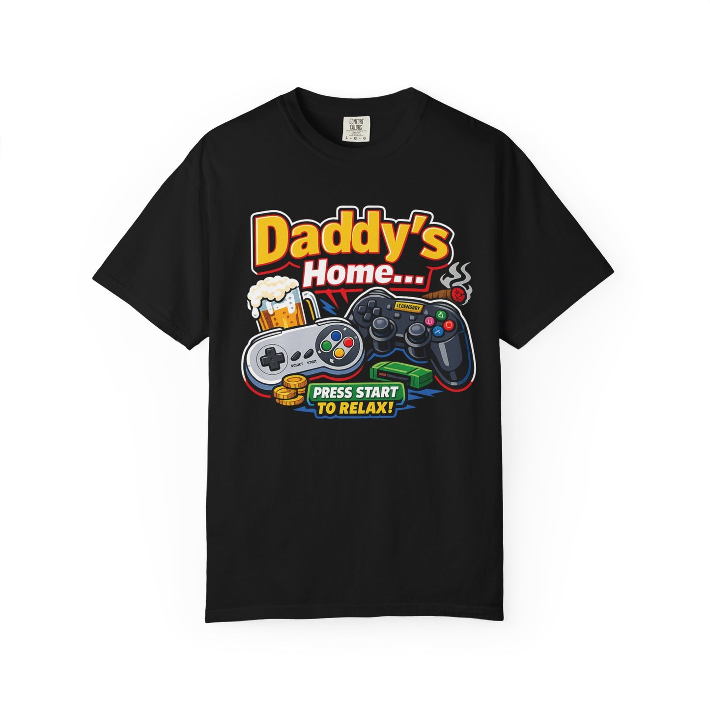 Daddy’s Home Press Start To Relax Shirt | Funny Gamer Dad T-Shirt | Retro Gaming Dad Tee | Cozy Gaming Lifestyle Apparel | Gaming Dads Online
