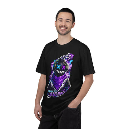 Neon Bomber Character Graphic T-Shirt — Gamer Streetwear Tee "Made by Aiden"