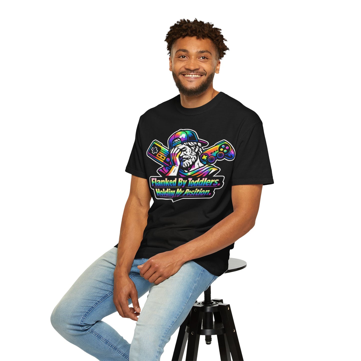 Flanked By Toddlers Holding My Position Shirt | Funny Gamer Dad T-Shirt | Gaming Father Tee | Retro Gaming Streetwear | Gamer Dad Gift
