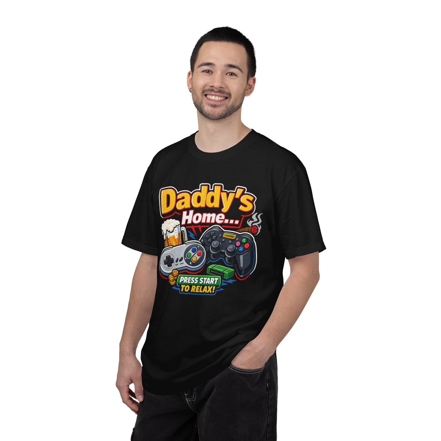 Daddy’s Home Press Start To Relax Shirt | Funny Gamer Dad T-Shirt | Retro Gaming Dad Tee | Cozy Gaming Lifestyle Apparel | Gaming Dads Online