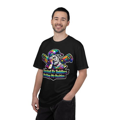Flanked By Toddlers Holding My Position Shirt | Funny Gamer Dad T-Shirt | Gaming Father Tee | Retro Gaming Streetwear | Gamer Dad Gift
