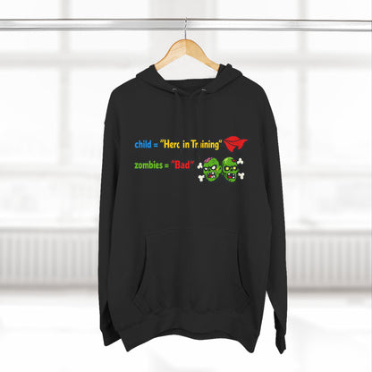 Child = “Hero in Training” Gamer Dad Hoodie | Funny Zombie Dad Gaming Hoodie | Gamer Parent Sweatshirt | Funny Family Gaming Hoodie