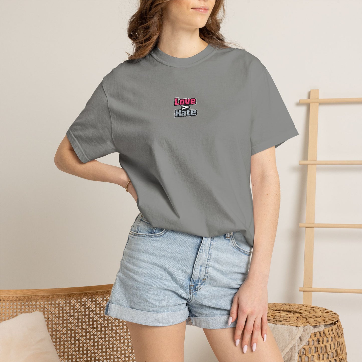 T-Shirt — 'Love Beats Hate' Mini Chest Graphic Tee